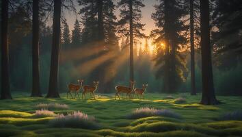 Deer Family in Forest During Sunrise, Nature Scene photo