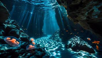 Underwater Cave with Jellyfish and Fish in Blue Ocean Water photo