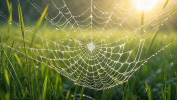 Dew Covered Spiderweb in Grassy Field photo