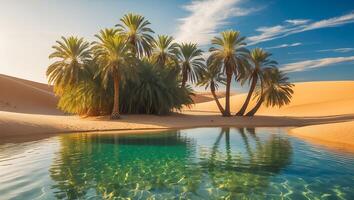 Desert Oasis with Palm Trees and Clear Water Reflecting Blue Sky photo