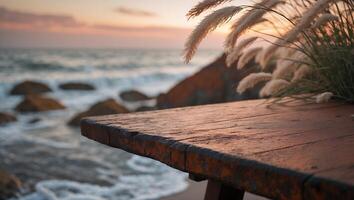 Wooden Table at Ocean Beach Sunrise Background photo
