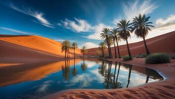 Desert Oasis with Palm Trees and Reflections photo
