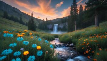 Scenic Landscape with Waterfall Stream and Meadow Flowers photo