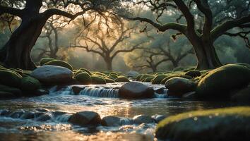 Forest Stream with Mossy Rocks at Sunrise photo