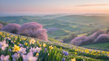 Flower Field with Cherry Blossom Tree in Rolling Hills Landscape photo