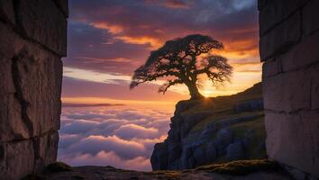 Tree on Cliff Above Clouds at Sunset photo