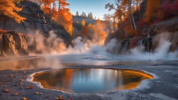 Autumn Hot Spring with Fall Foliage, Waterfall and Mist photo