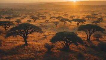 African Savannah Landscape with Trees at Sunset photo