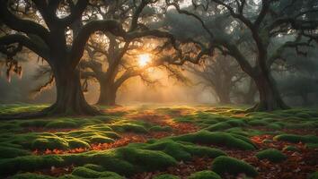 Sunlit Forest with Moss and Trees photo