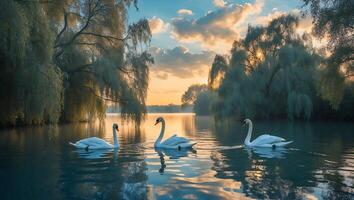 Swans on the lake at sunset photo