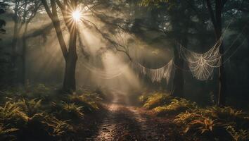Spiderwebs in Forest with Sun Rays on Path photo