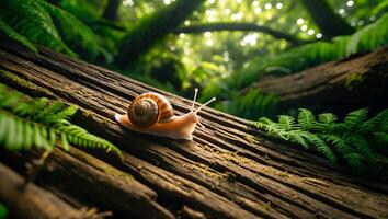 Snail Crawls on a Mossy Log in a Lush Green Forest photo