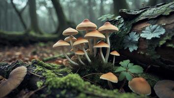 Mushrooms Growing on Log in Misty Forest photo
