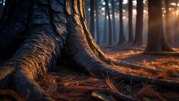Forest Tree Trunk with Roots in Sunlight photo