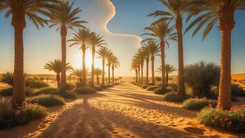 Palm Tree Path in Desert Landscape at Sunrise photo