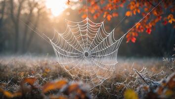 Icy Spider Web at Sunrise in Field with Autumn Leaves photo