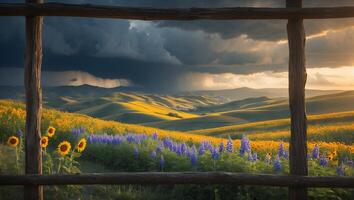 Rolling Hills Landscape with Flowers Under Stormy Sky photo