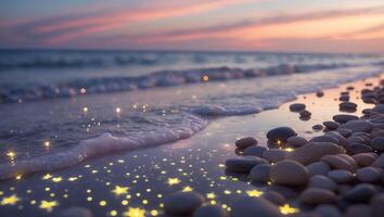 Pebble Beach at Sunset with Wave and Star photo