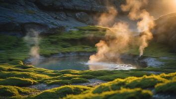 Geothermal Pool with Moss and Steam in Natural Landscape photo