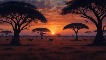 African Savanna at Sunset with Deer Under Acacia Trees photo