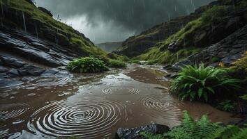 Rainy Landscape with Stream, Rocks and Plants in a Green Valley photo