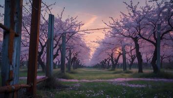 Cherry Blossom Tree in Row at Sunset Over Green Field photo