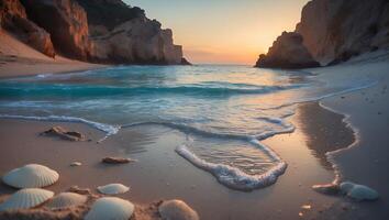 Ocean Wave on Sandy Beach at Sunset photo
