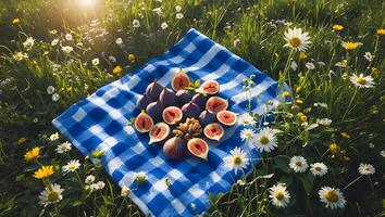 Fresh Figs on Blue Plaid Blanket in Flower Meadow photo
