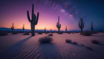 Cactus in Desert Landscape at Night with Milky Way photo