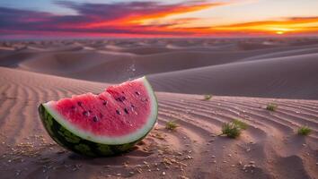 Watermelon Slice on Sand Dune at Sunset photo