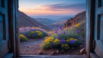 Mountain View with Wildflowers Through Rustic Door photo