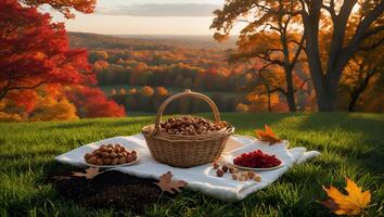 Basket of Hazelnuts on Blanket Autumn Landscape photo