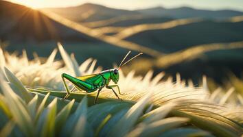 Green Grasshopper Standing on Leaf in Meadow at Sunrise photo