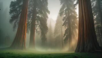 Giant Sequoia Trees in Foggy Forest photo