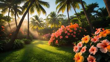 Tropical Garden with Palm Trees and Hibiscus Flowers photo