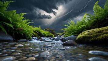 Stream with Ferns and Lightning Storm Landscape photo