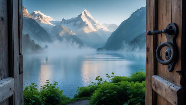 Mountain Lake View Through Open Wooden Door photo