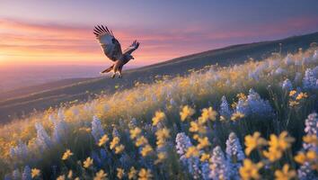 Hawk Flying Over Field of Flowers at Sunset photo