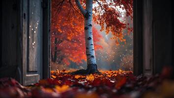 Birch Tree in Autumn with Colorful Leaves Seen Through a Door photo