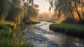 River Flows Through Grassy Banks with Willow Trees at Sunrise photo