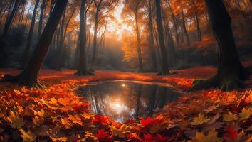 Autumn Forest Pond with Fall Leaves and Sunlight Reflection photo