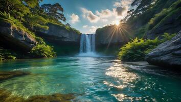 Scenic Waterfall with Blue Water, Trees and Sunlight photo