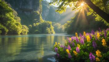River Landscape with Flowers and Sun Rays photo