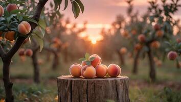 Fresh Peaches on Stump in Orchard at Sunset photo
