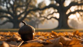 Acorn on Fall Leaves with Oak Tree Background photo