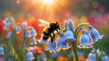 Bumblebee on Flower in Sunlight Nature Scene photo