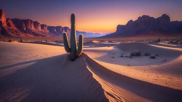 Desert Landscape with Cactus, Sand Dunes and Mountains photo