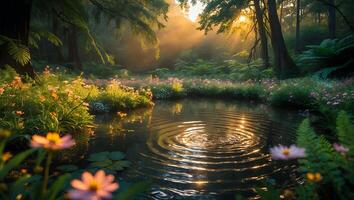 Pond Surrounded by Flowers and Forest with Sun Rays photo
