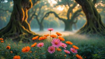 Pink and Orange Flower with Old Tree in Misty Forest photo