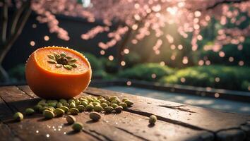 Persimmon Seeds on Wood with Cherry Blossom Background photo
